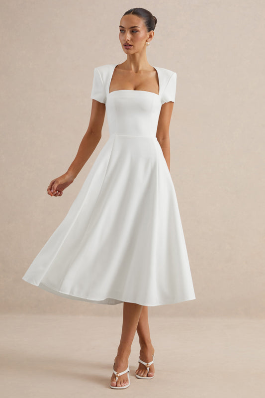Donia | White Square Neck Short Sleeve A-Line Midi Dress