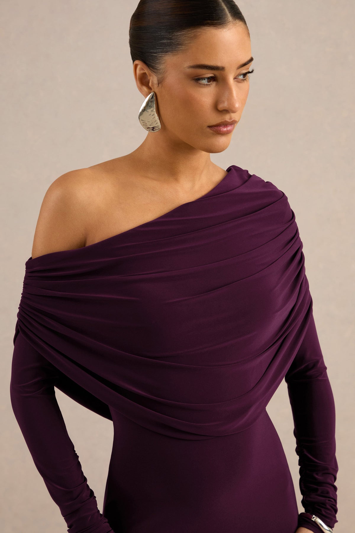 Cadia | Purple Jersey One Shoulder Long Sleeve Maxi Dress With Ruching