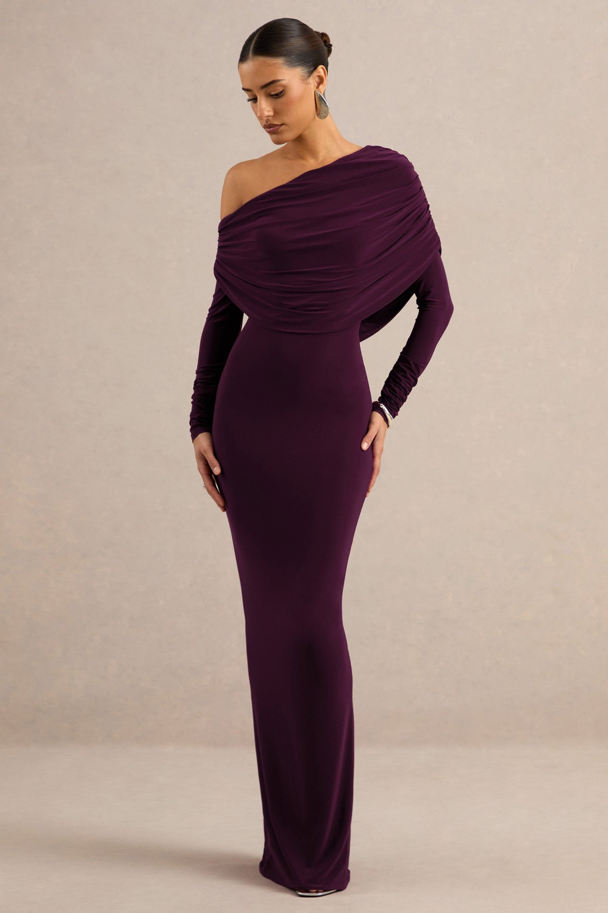 Cadia | Purple Jersey One Shoulder Long Sleeve Maxi Dress With Ruching