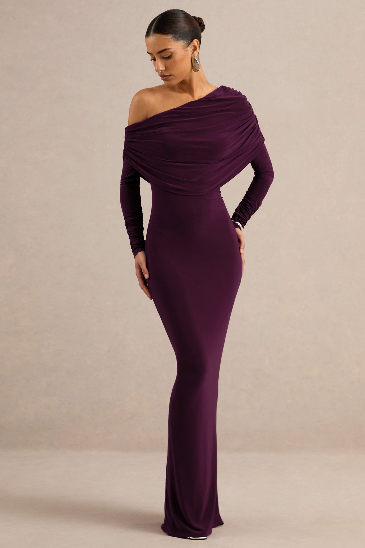 Cadia | Purple Jersey One Shoulder Long Sleeve Maxi Dress With Ruching