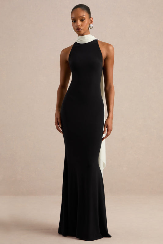 Calise | Monochrome Jersey High Neck Maxi Dress With Scarf Detail