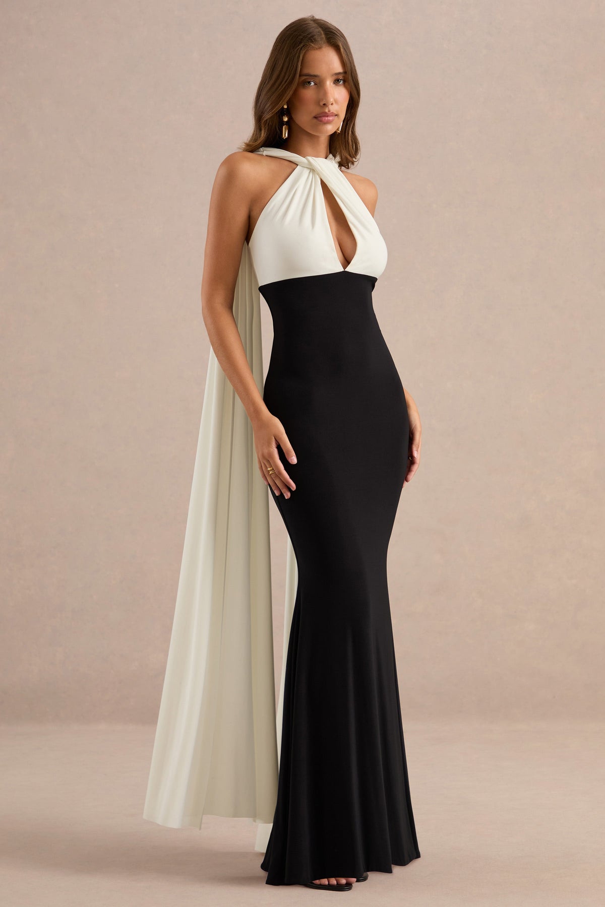 Cassina | Monochrome Jersey Twist Halter Maxi Dress With Back Cape And Chest Cut Out