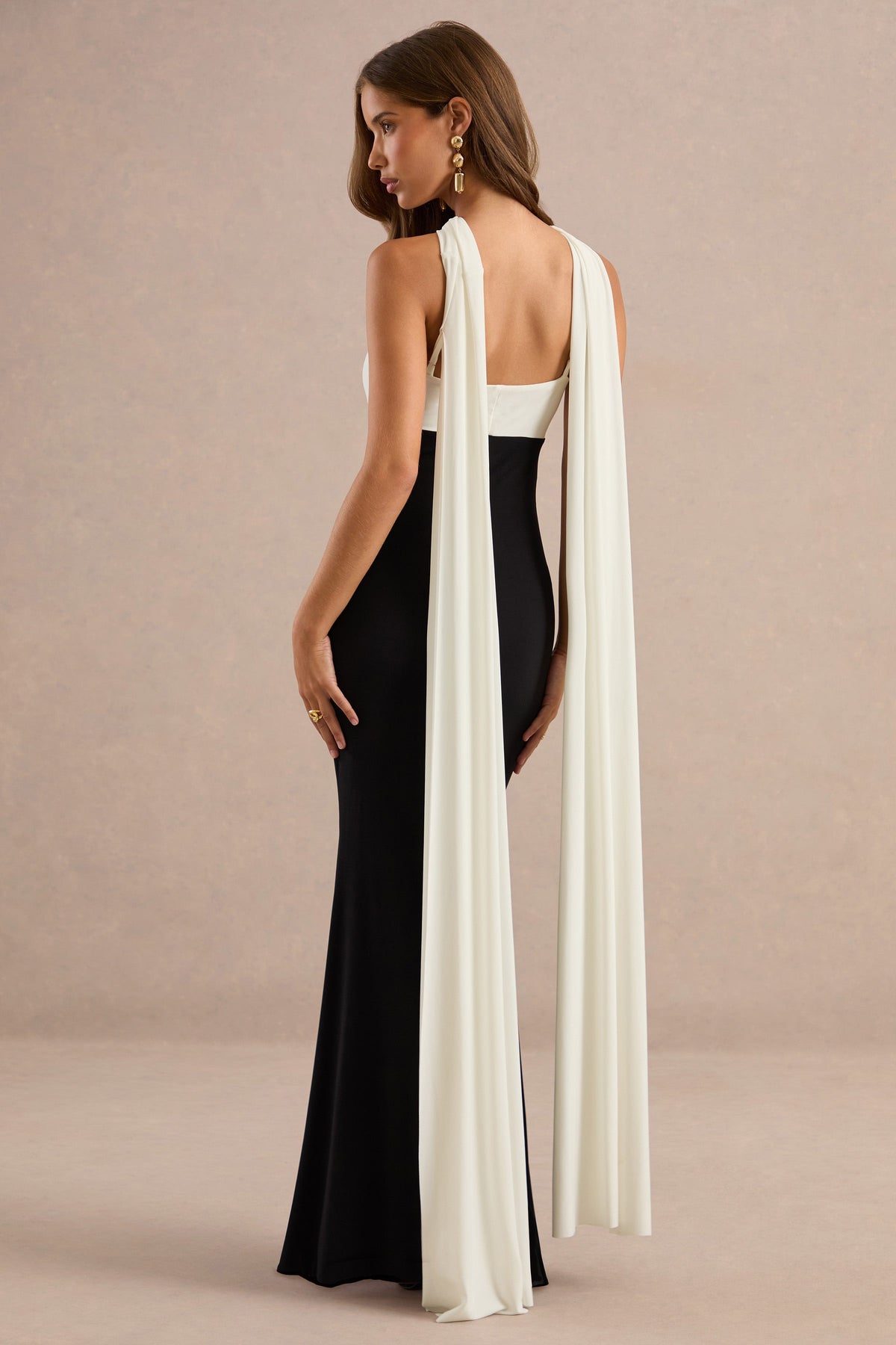 Cassina | Monochrome Jersey Twist Halter Maxi Dress With Back Cape And Chest Cut Out
