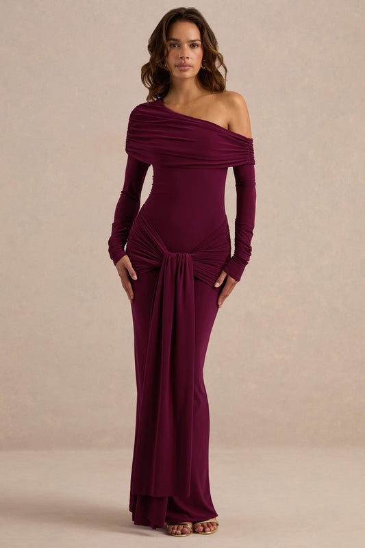 Avonlea | Burgundy Jersey Ruched One Shoulder Long Sleeve Maxi Dress With Sash