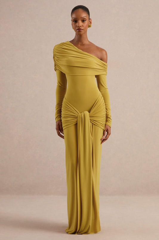 Avonlea | Mustard Jersey Ruched One Shoulder Long Sleeve Maxi Dress With Sash