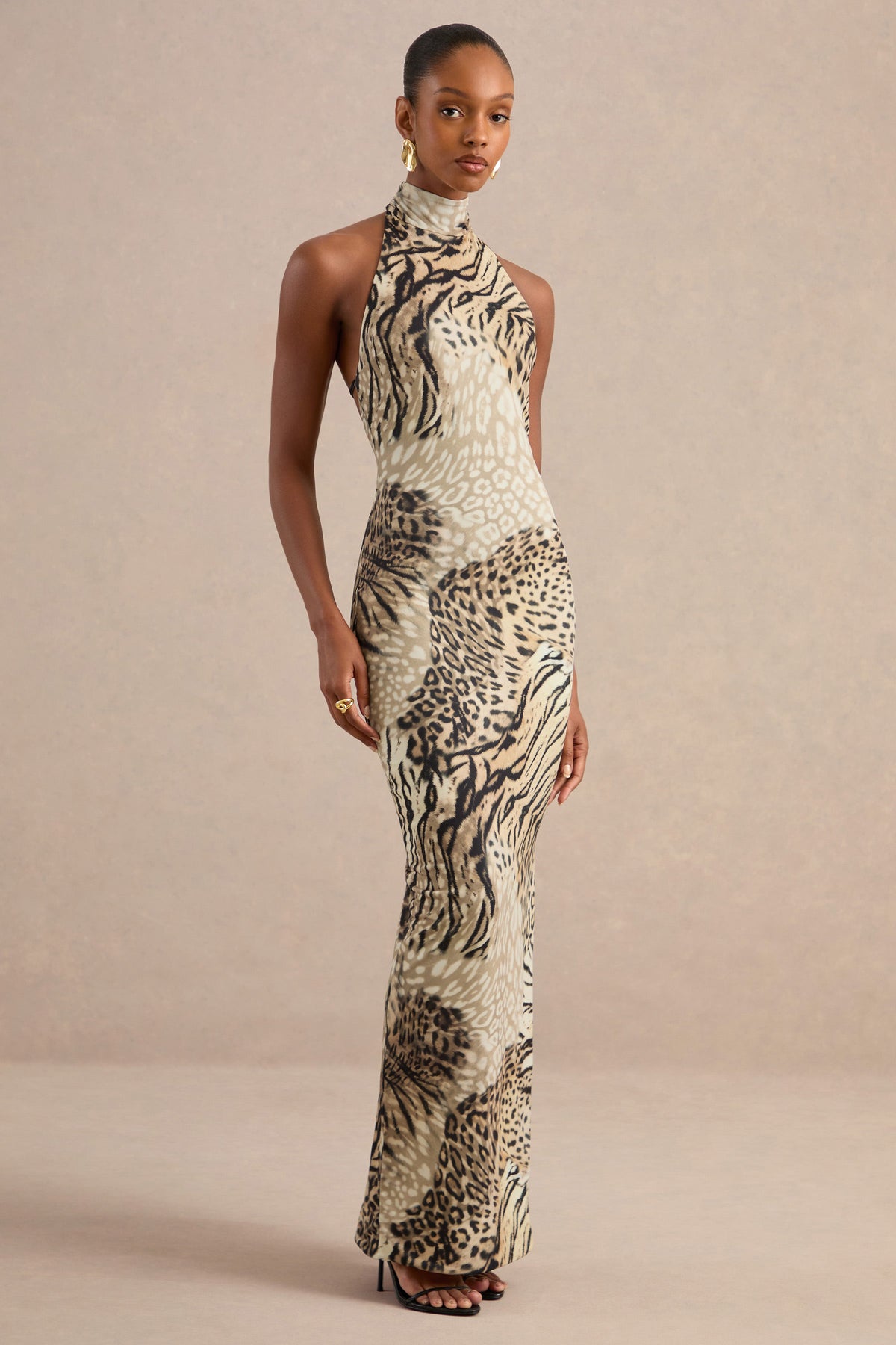 Arlise | Brown Animal Print Jersey High Neck Maxi Dress With Open Back
