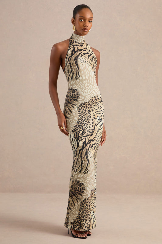 Arlise | Brown Animal Print Jersey High Neck Maxi Dress With Open Back
