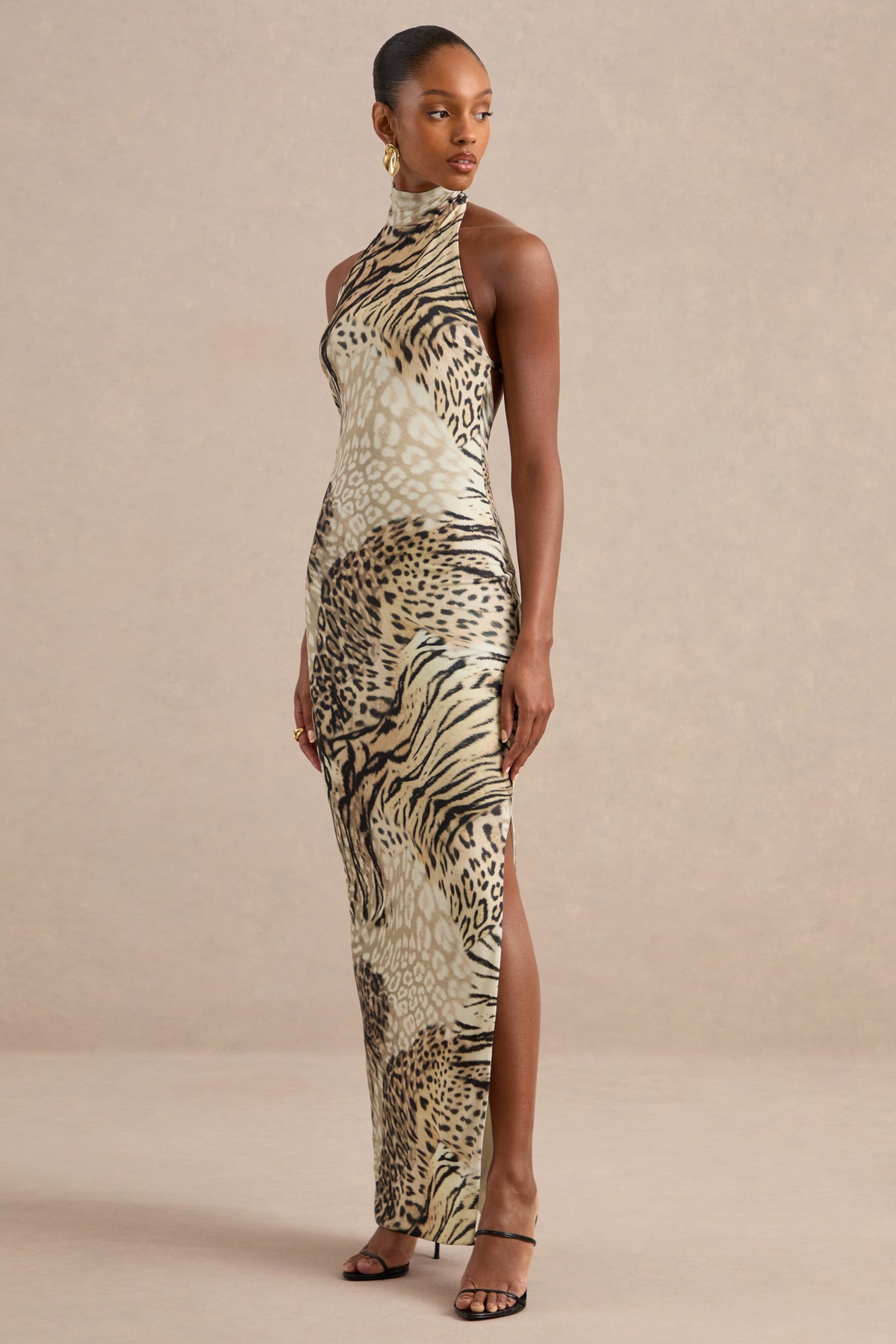 Arlise | Brown Animal Print Jersey High Neck Maxi Dress With Open Back