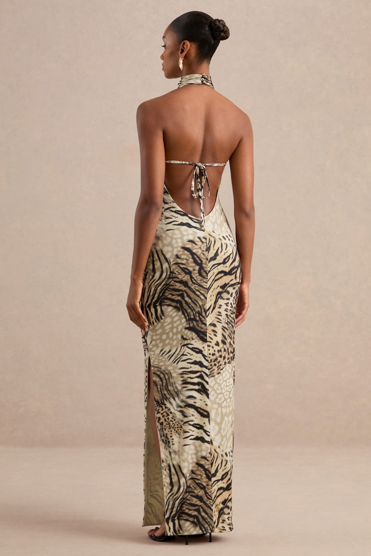 Arlise | Brown Animal Print Jersey High Neck Maxi Dress With Open Back