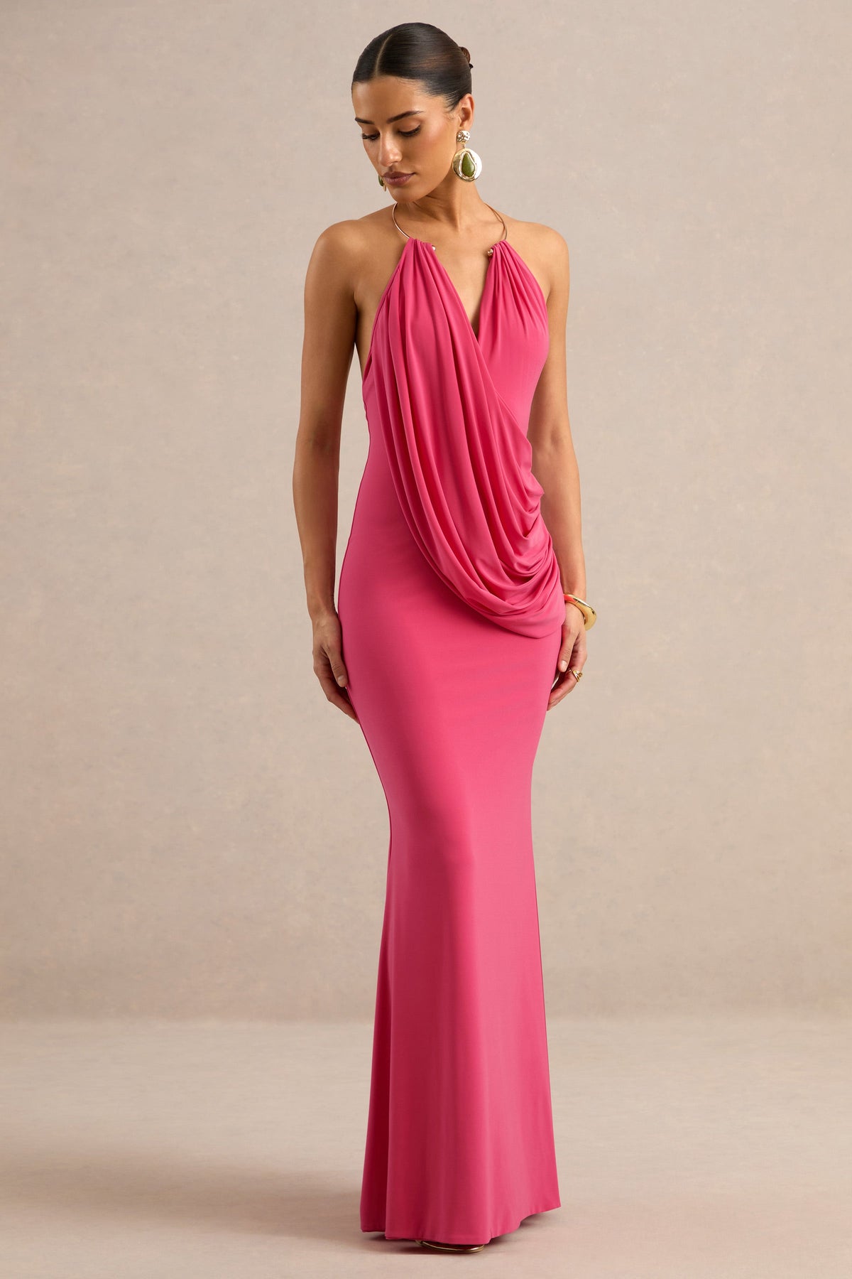 Dinara | Coral Halter-Neck Maxi Dress With Draped Detailing And Gold Detail