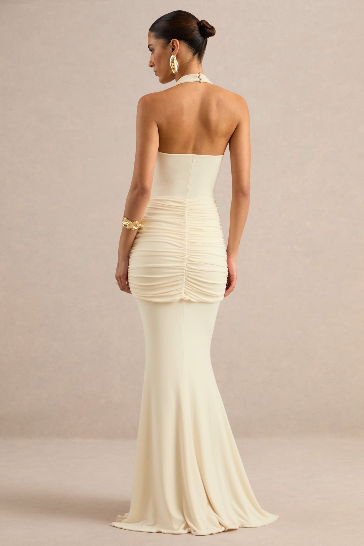 Avalie | Cream Jersey Plunge Maxi Dress With Gathered Detailing And Sash