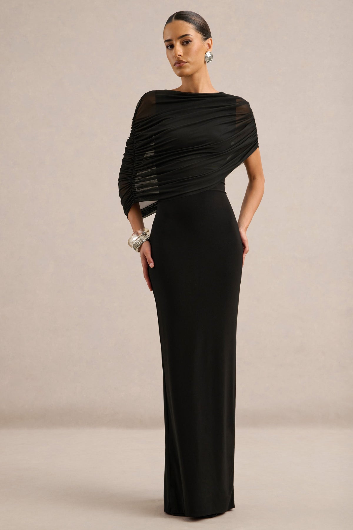 Ciana | Black Jersey Ruched Round neck Short Sleeve Maxi Dress With Draped Detailing And Back Split