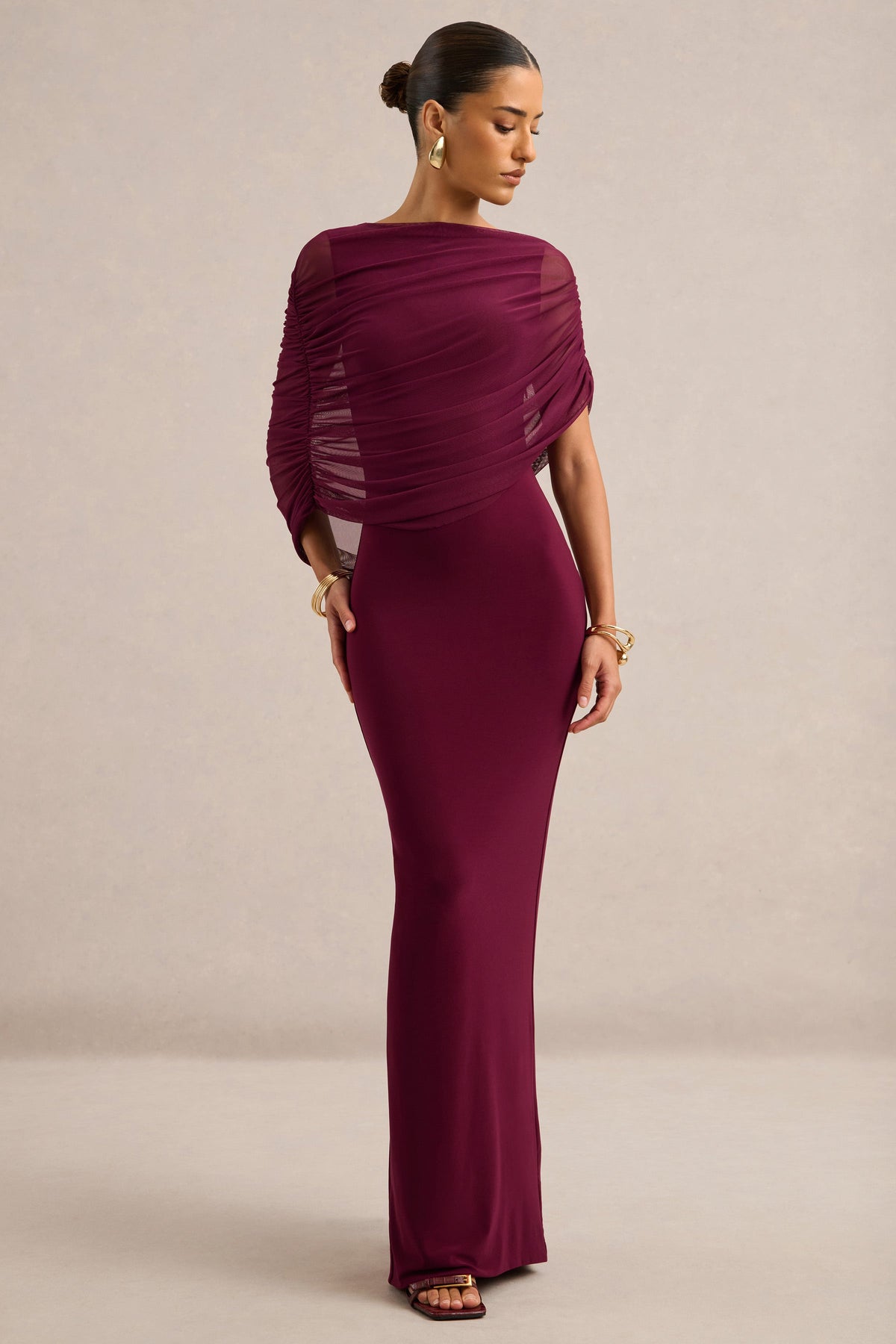Ciana | Burgundy Jersey Ruched Round Neck Short Sleeve Maxi Dress With Draped Detailing And Back Split