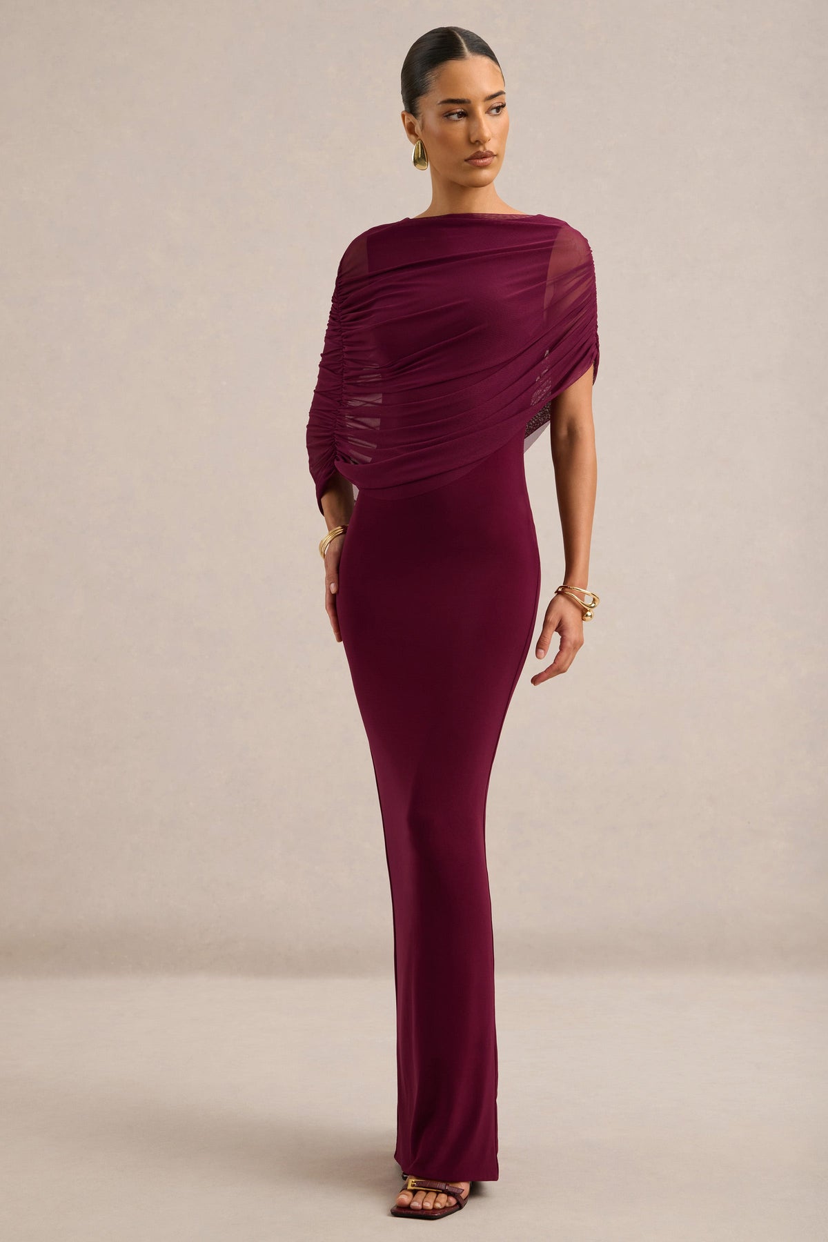 Ciana | Burgundy Jersey Ruched Round Neck Short Sleeve Maxi Dress With Draped Detailing And Back Split
