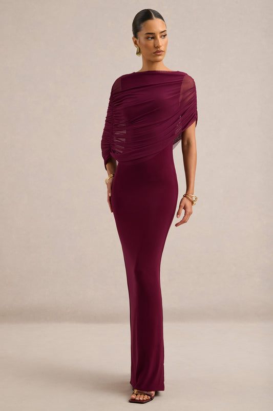 Ciana | Burgundy Jersey Ruched Round Neck Short Sleeve Maxi Dress With Draped Detailing And Back Split