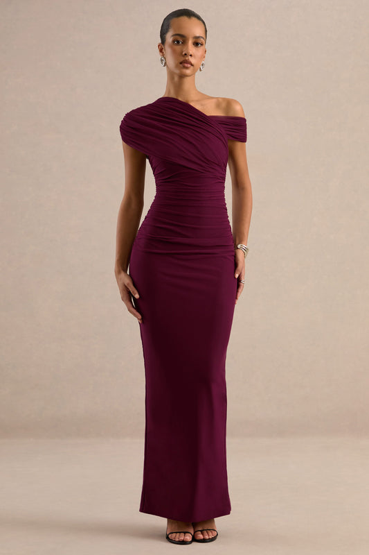Crescentia | Burgundy Jersey One Shoulder Short Sleeve Maxi Dress With Ruching
