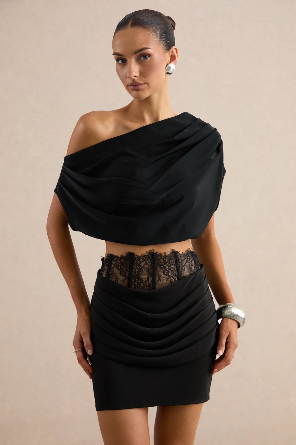 Dariana | Black Satin Drop Waist Mini Skirt With Draping And Sheer Lace Boning Detailing