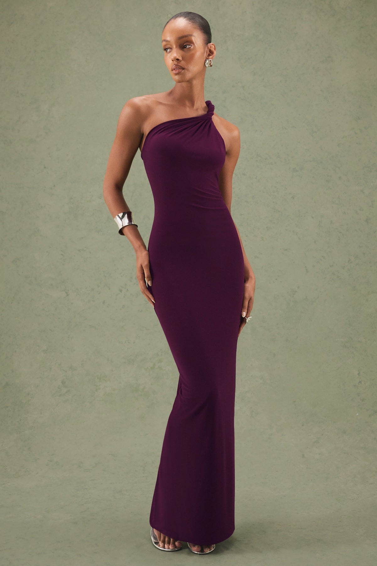 Indalie | Plum Jersey Ruched One Shoulder Maxi Dress With Twist Strap Detailing And Low Back