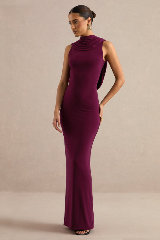 Jolina | Burgundy Jersey High Neck Maxi Dress With Draped Detailing