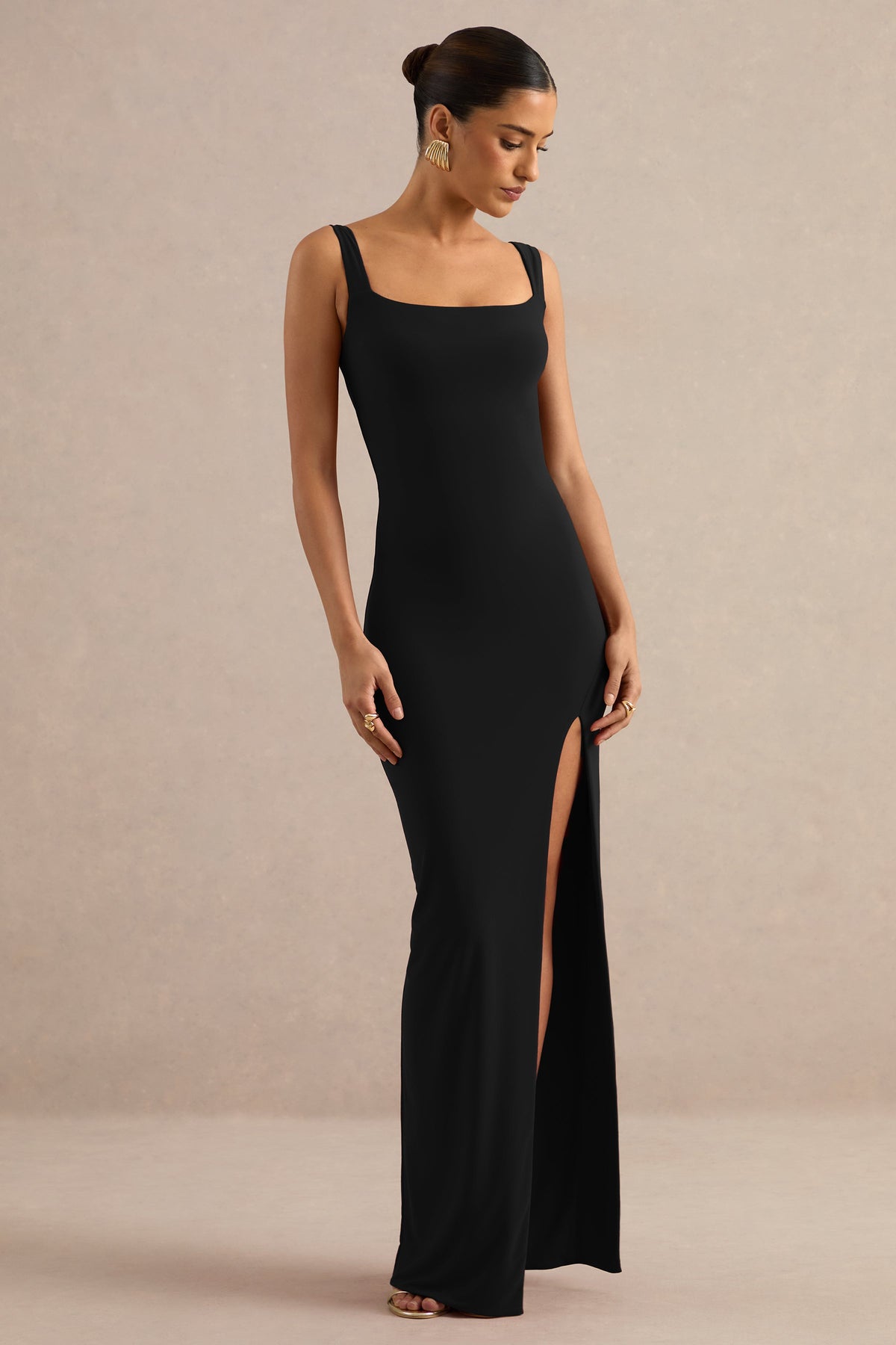 Josiane | Black Jersey Square Neck Maxi Dress With Low Tie Back And Split