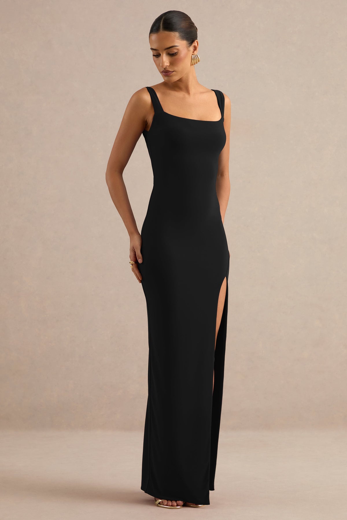 Josiane | Black Jersey Square Neck Maxi Dress With Low Tie Back And Split