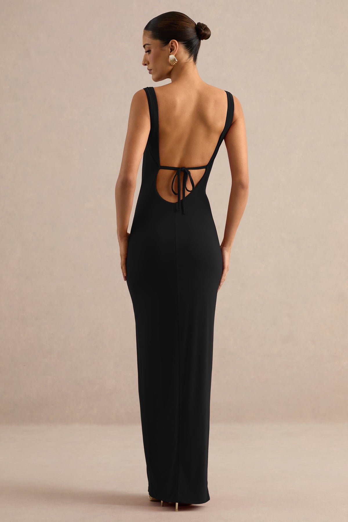 Josiane | Black Jersey Square Neck Maxi Dress With Low Tie Back And Split