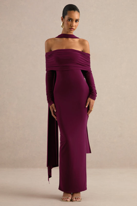 Julissa | Burgundy Jersey Ruched Bardot Long Sleeve Maxi Dress With Scarf Detail And Split