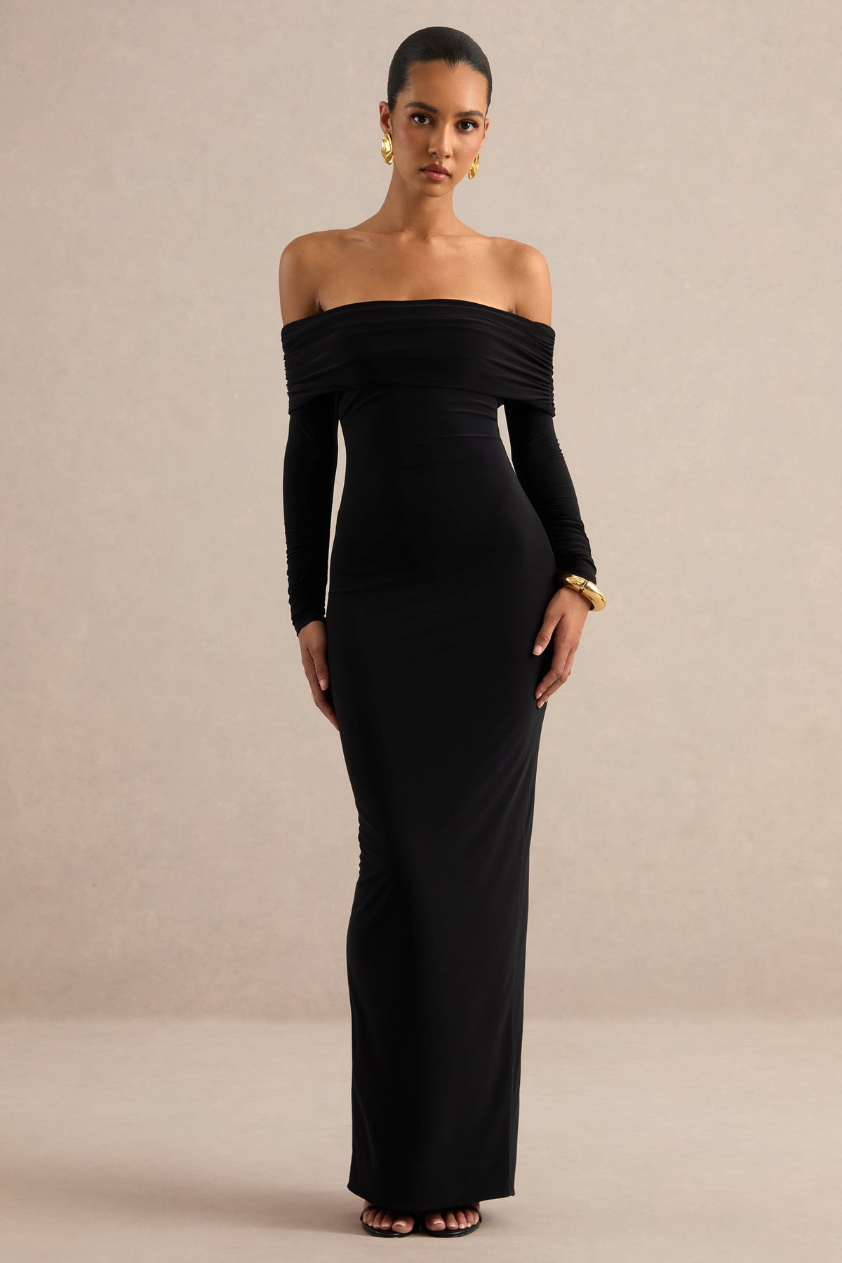 Keirae | Black Jersey Ruched Bardot Long Sleeve Maxi Dress With Tie Back And Back Split