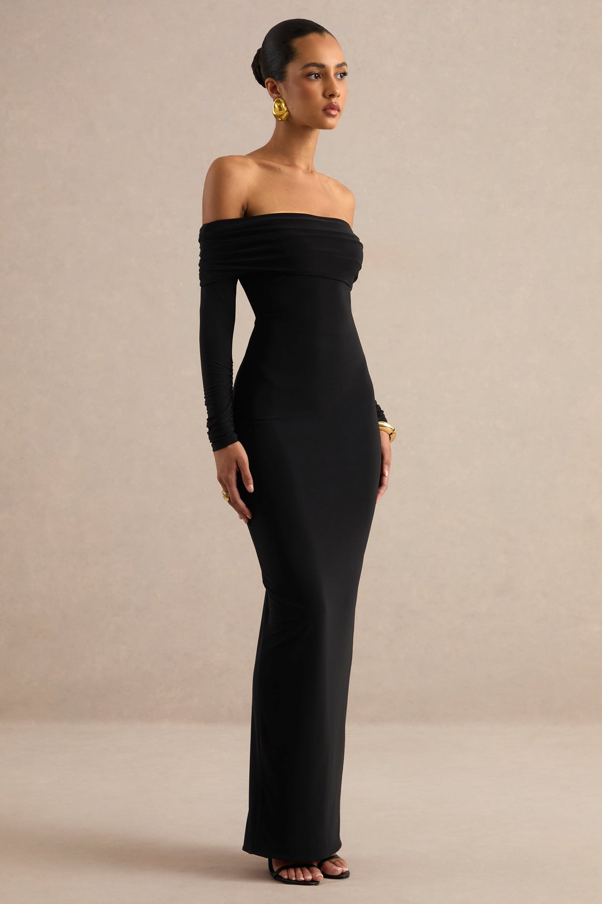 Keirae | Black Jersey Ruched Bardot Long Sleeve Maxi Dress With Tie Back And Back Split