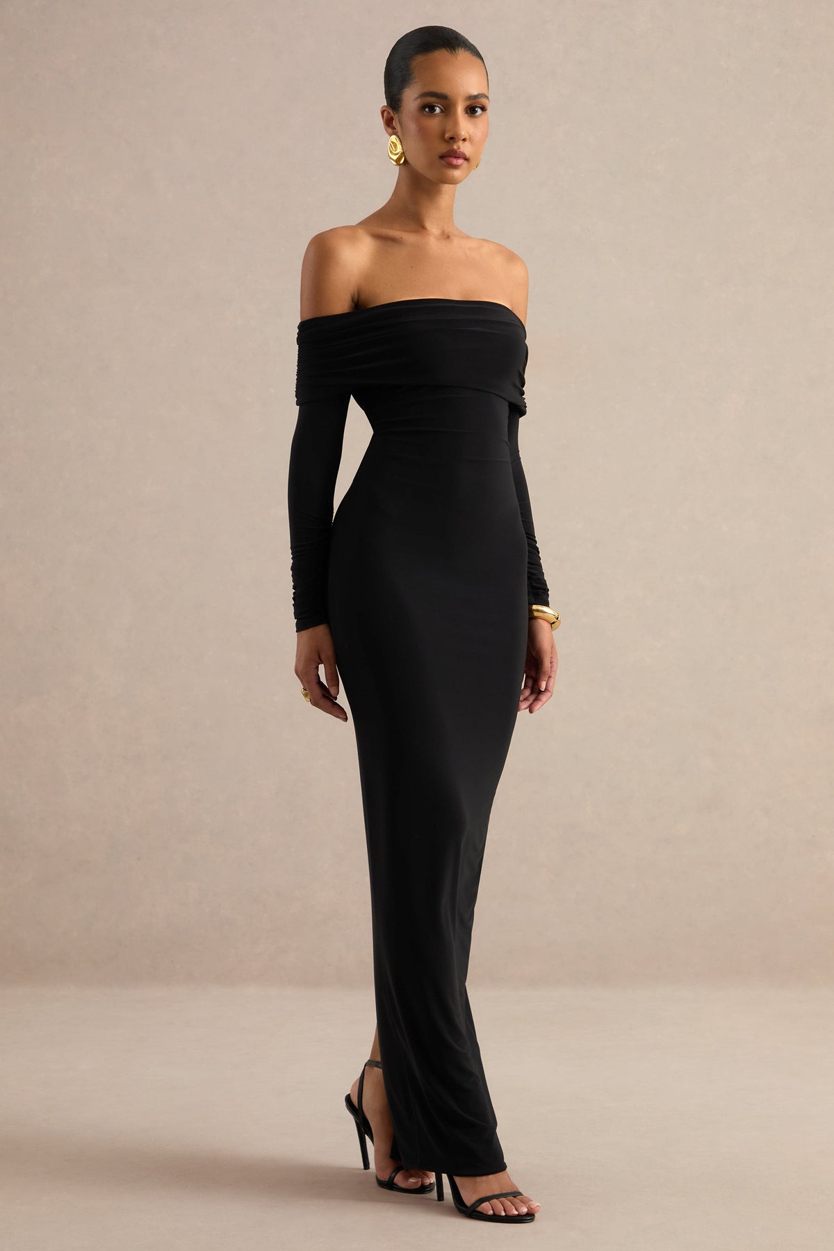 Keirae | Black Jersey Ruched Bardot Long Sleeve Maxi Dress With Tie Back And Back Split