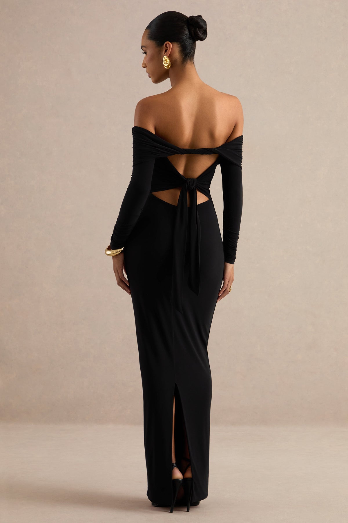 Keirae | Black Jersey Ruched Bardot Long Sleeve Maxi Dress With Tie Back And Back Split