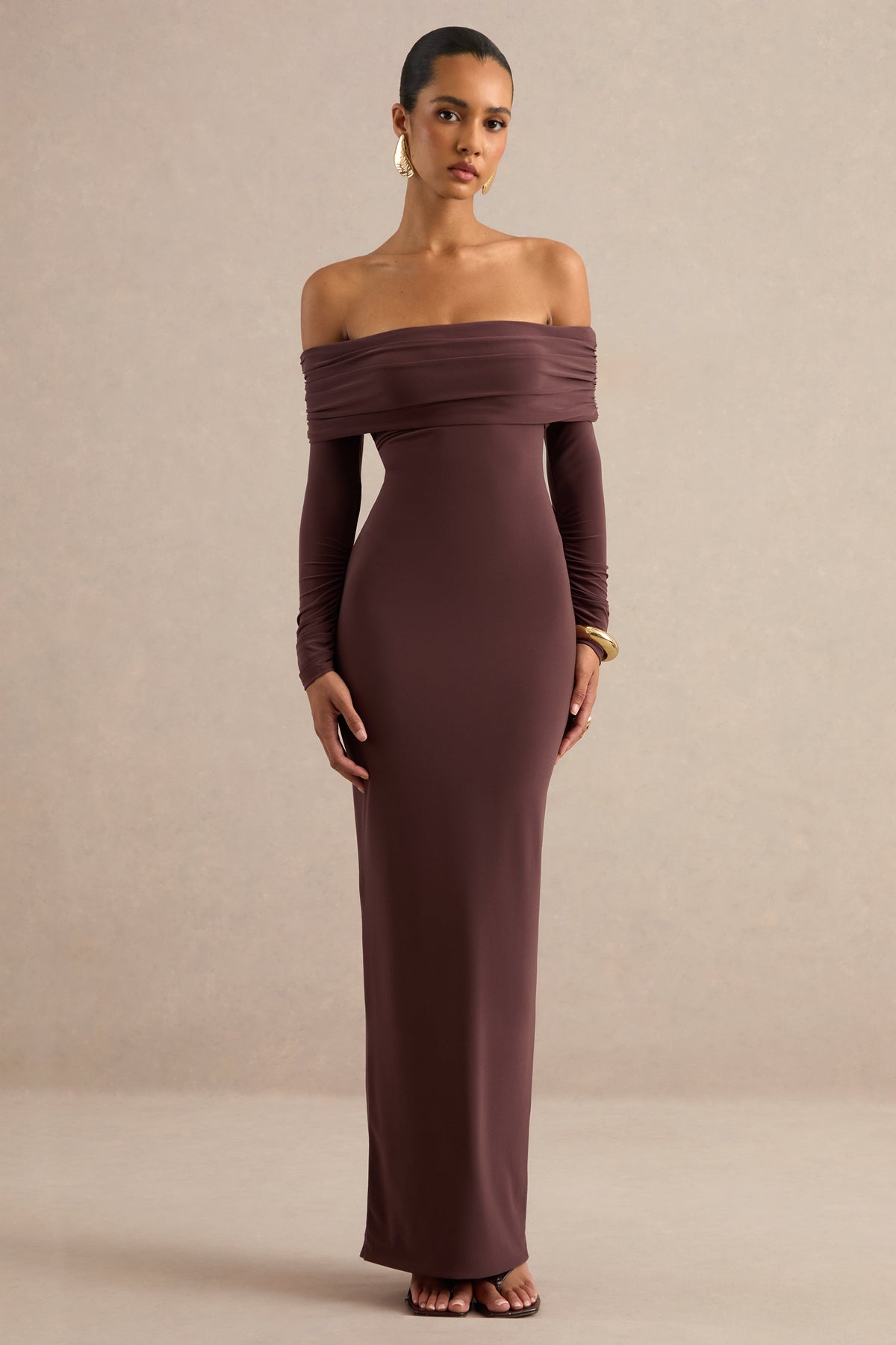 Keirae | Dark Brown Jersey Ruched Bardot Long Sleeve Maxi Dress With Tie Back And Back Split