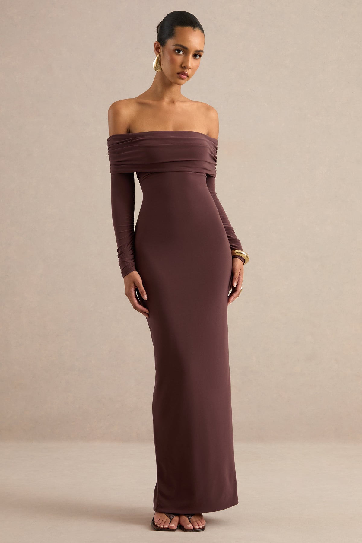 Keirae | Dark Brown Jersey Ruched Bardot Long Sleeve Maxi Dress With Tie Back And Back Split