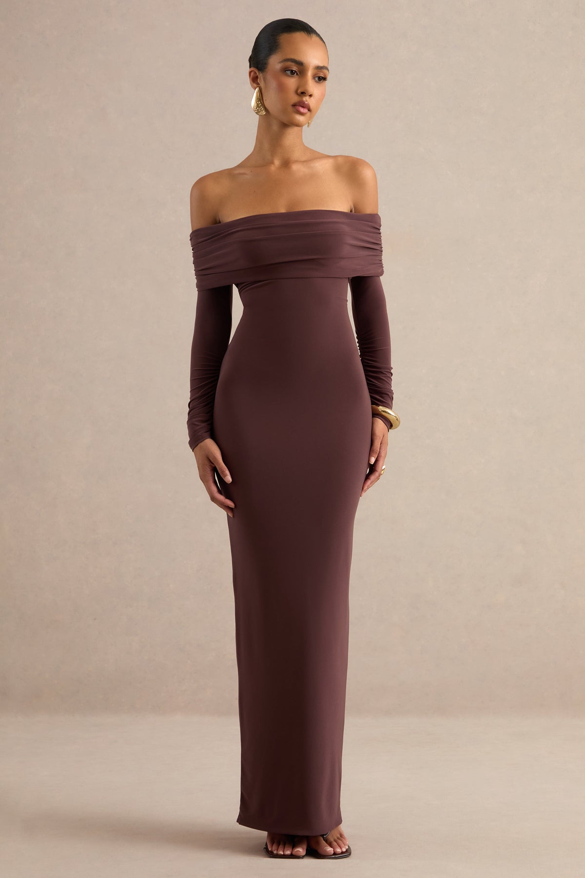 Keirae | Dark Brown Jersey Ruched Bardot Long Sleeve Maxi Dress With Tie Back And Back Split