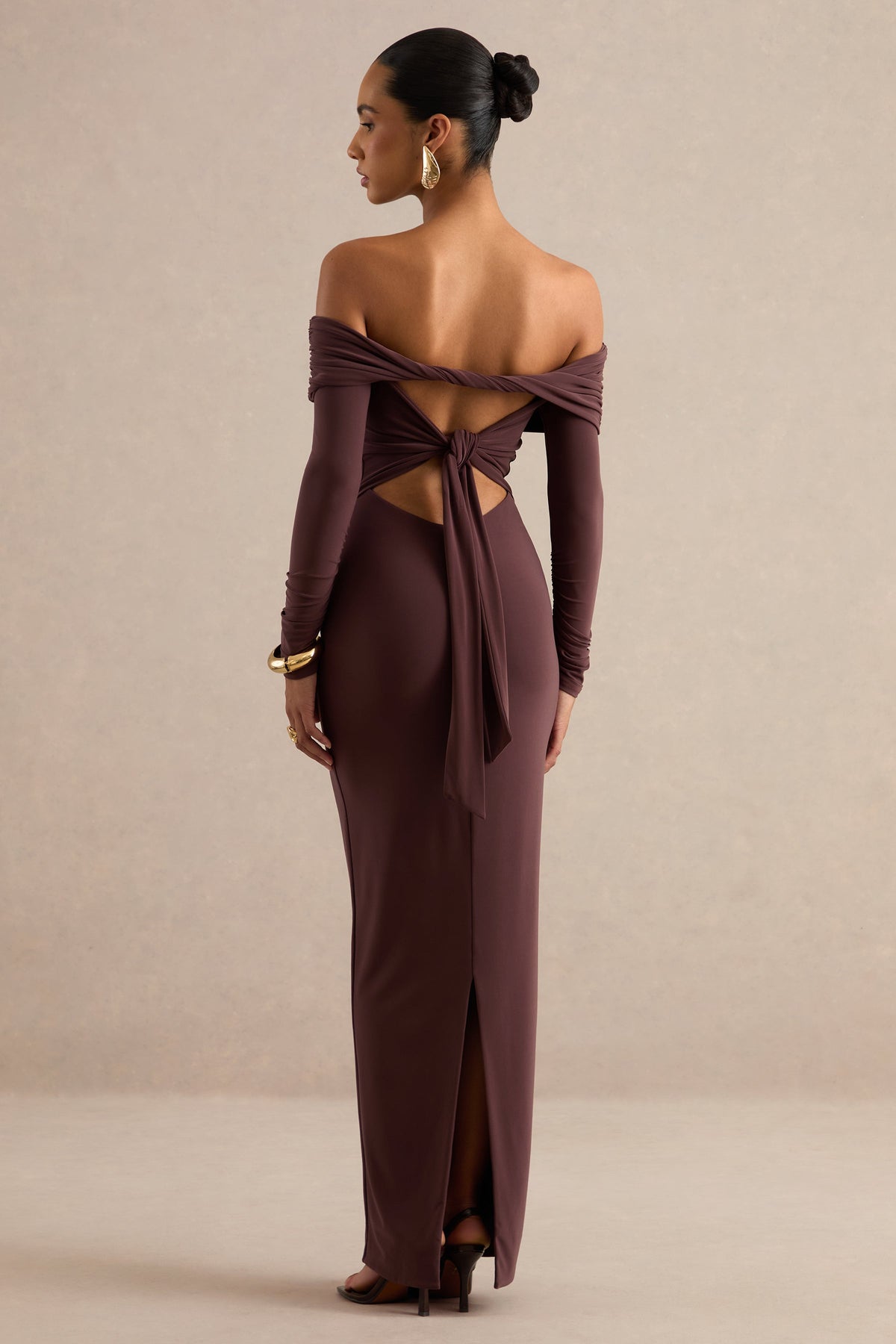Keirae | Dark Brown Jersey Ruched Bardot Long Sleeve Maxi Dress With Tie Back And Back Split