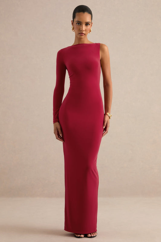 Kestrel | Red Jersey Round Neck Long Sleeve Maxi Dress With Low Tie Back