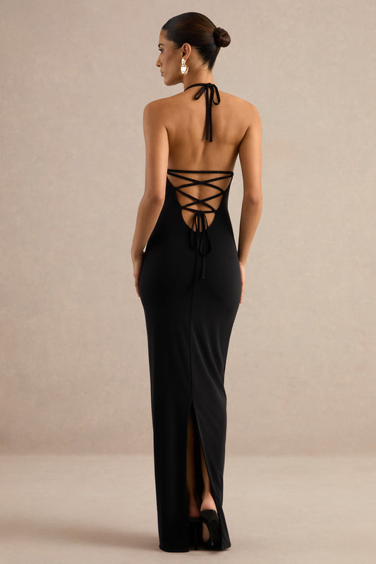 Lailah | Black Jersey Halter Maxi Dress With Tie Back Detail