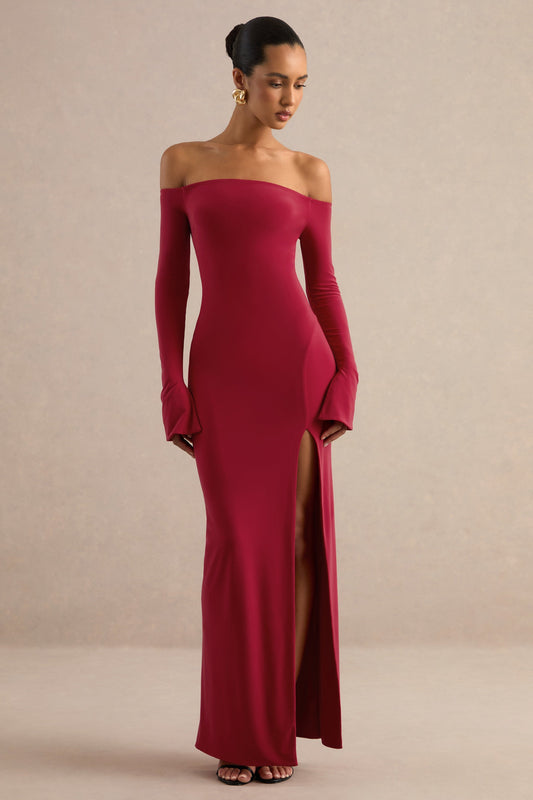 Liviae | Red Jersey Bardot Bell Sleeve Maxi Dress With Split