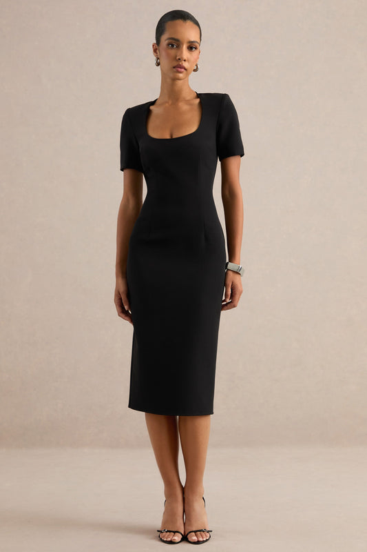 Elisiae | Black Scoop Neck Short Sleeve Midi Dress With Back Split