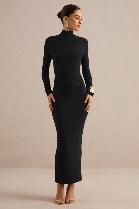 Erienne | Black Jersey High Neck Long Sleeve Maxi Dress With Gathered Detailing And Back Split