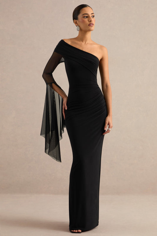 Evony | Black Jersey Off The Shoulder Maxi Dress With Ruching and Sheer Sleeve