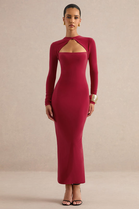 Felicienne | Red Jersey Round Neck Long Sleeve Midi Dress With Chest Cut Out And Back Split