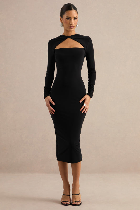 Filomena | Black Jersey Round Neck Long Sleeve Midi Dress With Chest Cut Out And Back Split