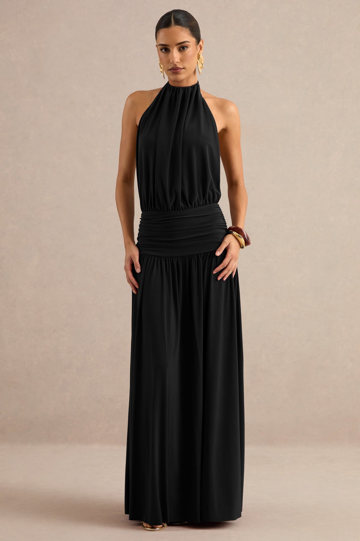 Hilarie | Black Jersey Ruched High Neck Maxi Dress With Open Back