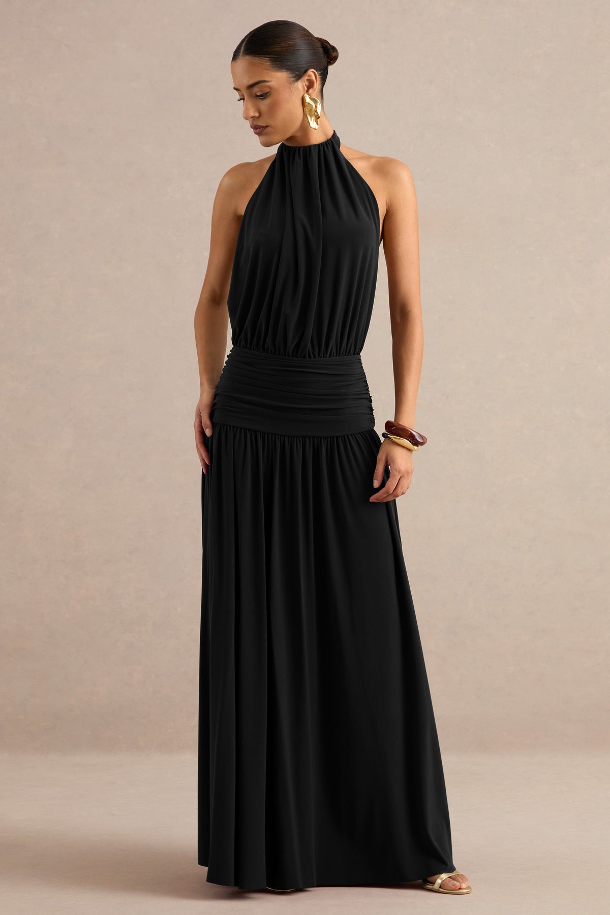 Hilarie | Black Jersey Ruched High Neck Maxi Dress With Open Back
