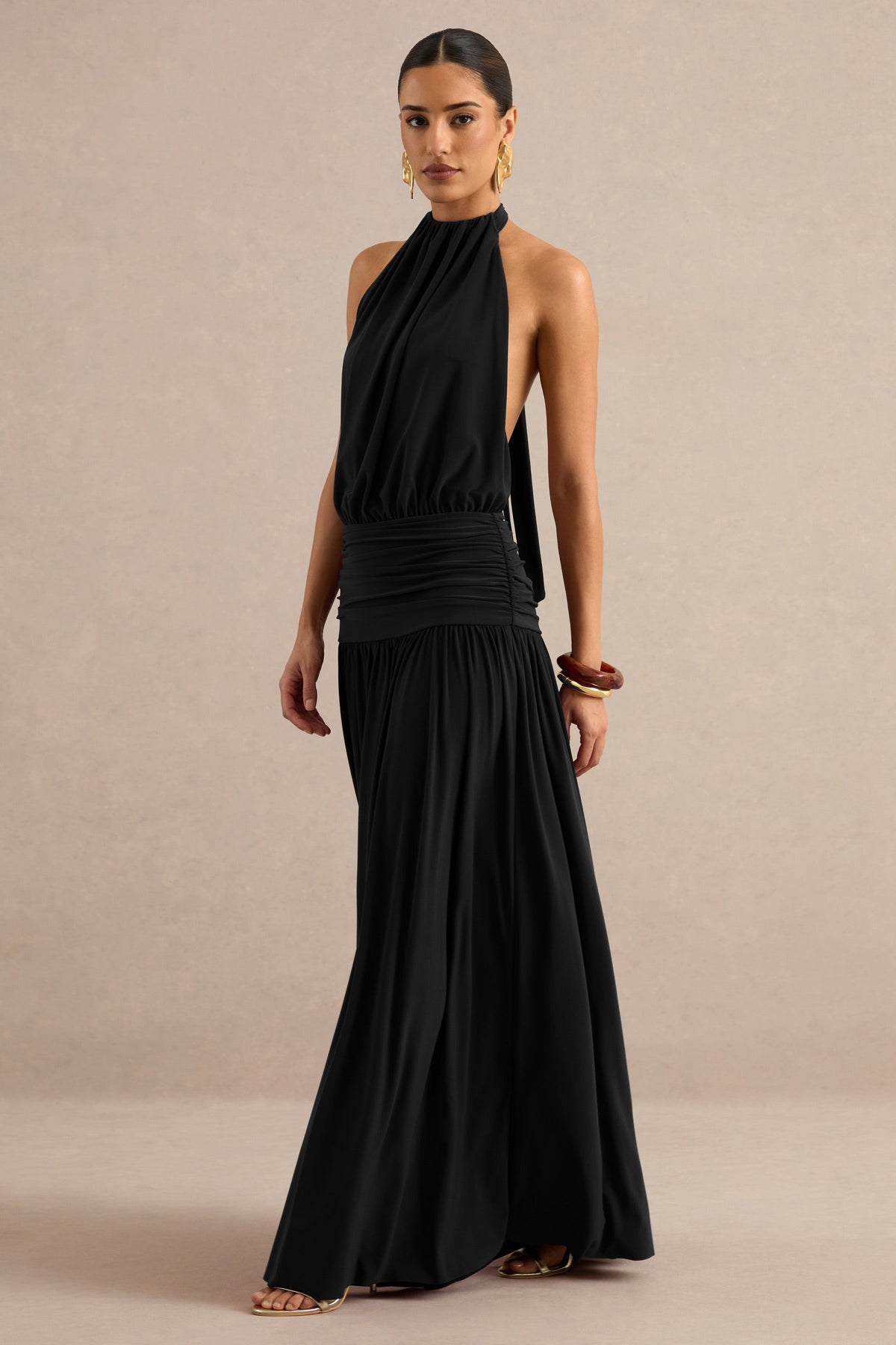 Hilarie | Black Jersey Ruched High Neck Maxi Dress With Open Back