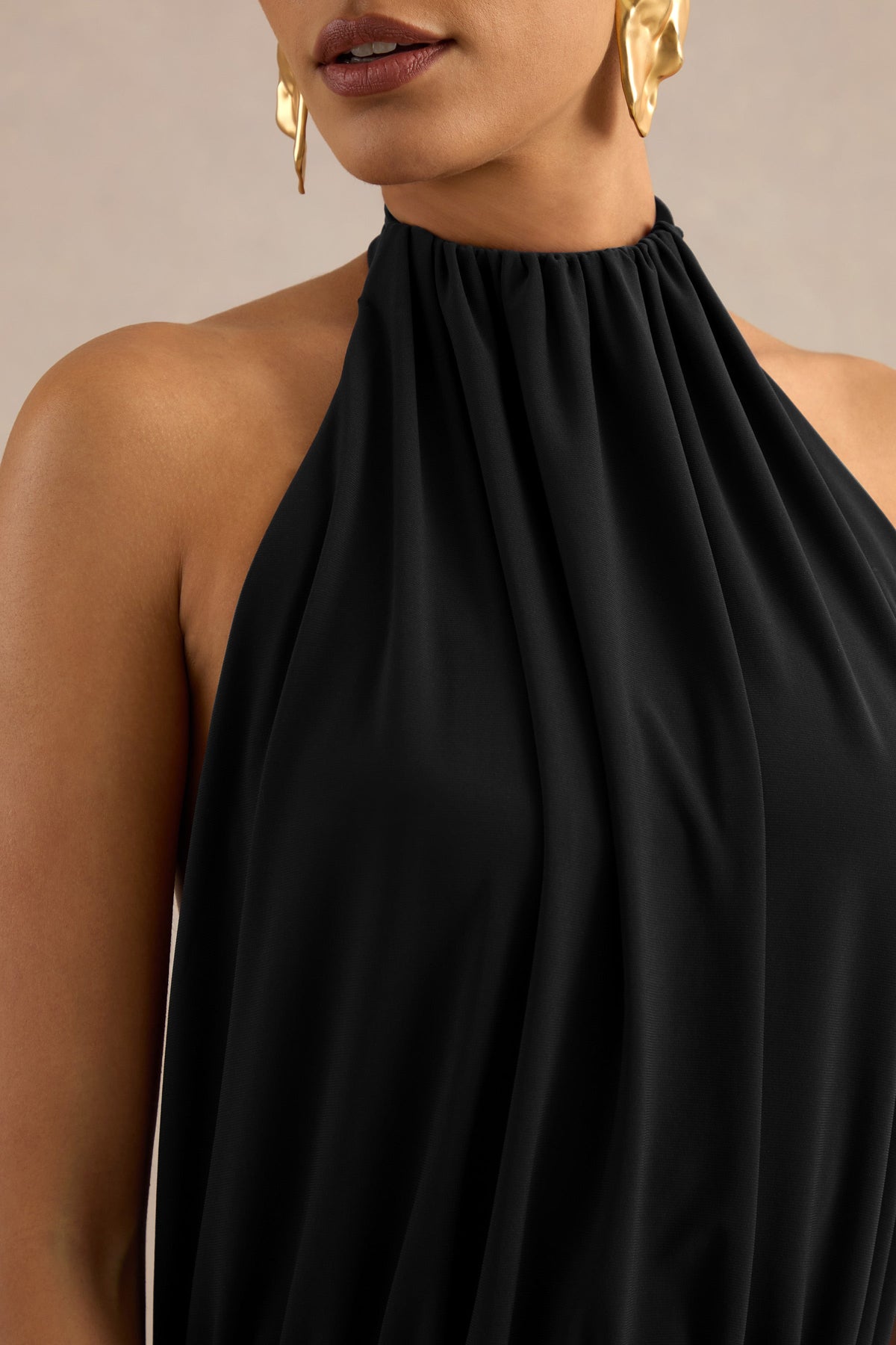 Hilarie | Black Jersey Ruched High Neck Maxi Dress With Open Back