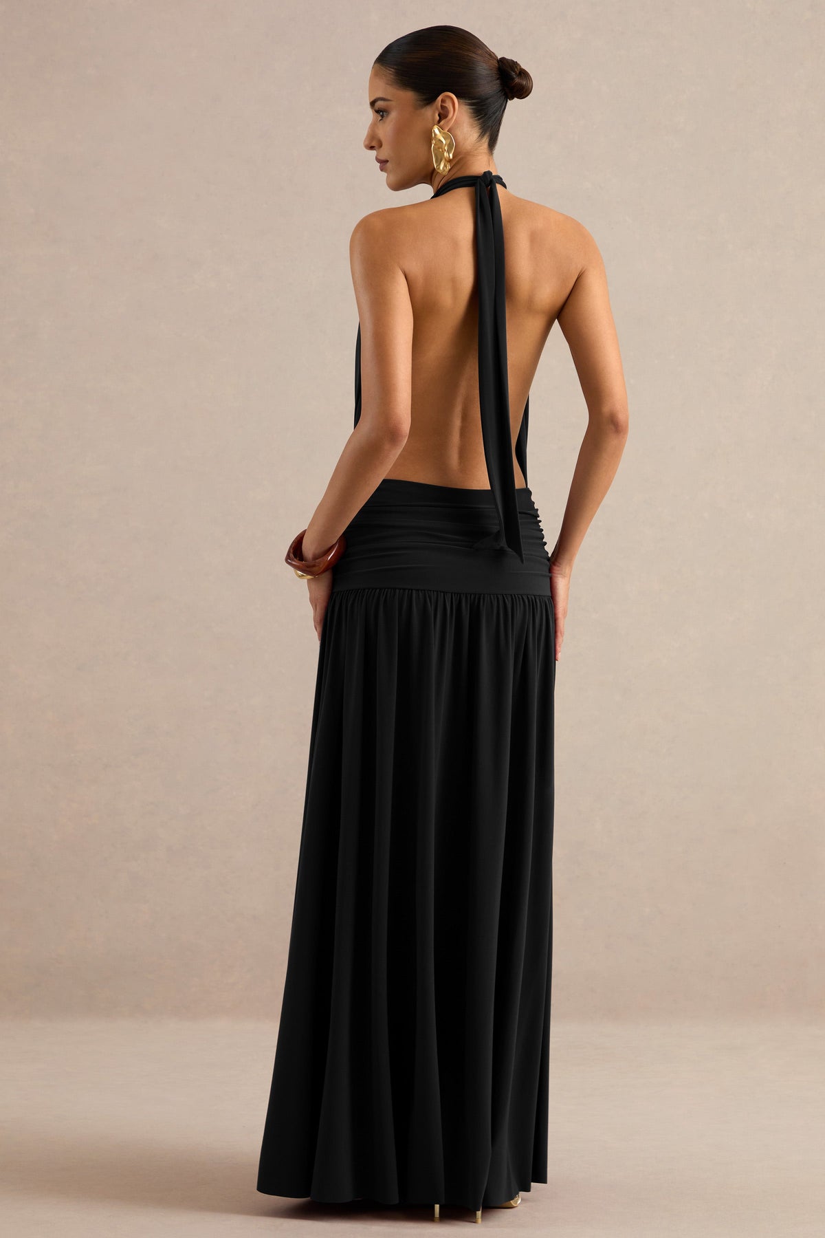 Hilarie | Black Jersey Ruched High Neck Maxi Dress With Open Back