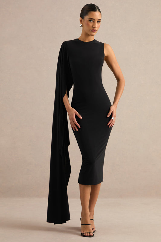 Ilarie | Black Jersey Round Neck Long Sleeve Midi Dress With Cape Sleeve