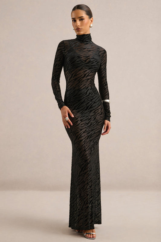 Ada | Black Sheer Zebra Print Devore High Neck Long Sleeve Maxi Dress